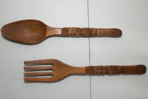 lot 333 image: Made in the Philippines Carved Fork and Spoon  22 Tall