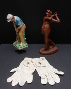 lot 386 image: Two Golfer Figurines and Size Mens Large Golf Gloves