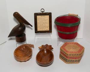 lot 406 image: Baskets, Wooden Decor, and Humorous Wall Hanging