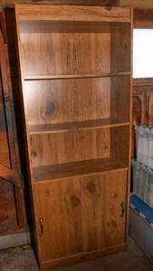 lot 524 image: Laminate Bookshelf with Sliding Door - Wood Look Finish
