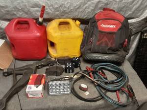lot 86 image: Mixed Lot of Gasoline and Diesel Cans, Husky Backpack, and Automotive Accessories
