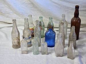 Large Lot of  Vintage Glass Bottles Including Blue Apothecary Bottle