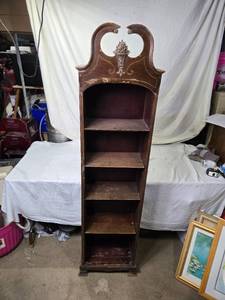 lot 23 image: Tall Vintage Wooden Bookshelf with Ornate Carved Top