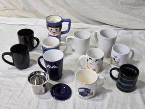 lot 32 image: Lot of  Assorted Ceramic Coffee Mugs, One with Steel Filter