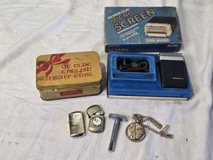 lot 72 image: Vintage Collection Pocket Watch, Razors, Lighters, and Remington Shaver
