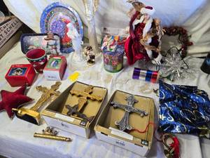 lot 82 image: Holiday Decor Items including Cross Stocking Holders and Christmas Figures