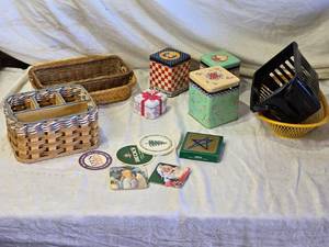 lot 99 image: Assorted Decorative Tins, Baskets, and Coasters