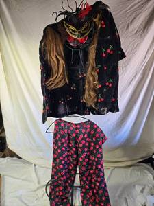 lot 108 image: Silk Cherry Print Top and Pants Costume with Feathered Mask and Wigs and Stand