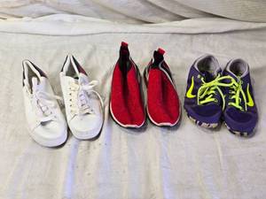 lot 132 image: 3 Pairs of Assorted Shoes - Tommy Hilfiger 6.5 M, Red Slip-Ons size 37, Purple Athletic Shoes size 6