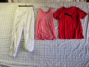 lot 146 image: Puma Clothing Items - Red T-shirt Size L, Pink Tank Top Size L, White Pants Size S