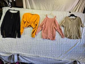 lot 166 image: Womens Sweaters and Shirts - Mix of Love Chesley, Signatures, Divided, and Ann Taylor - Sizes S and M