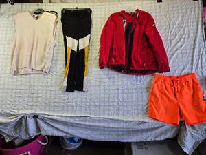 lot 196 image: Mixed Apparel Hurley Board Shorts, Tommy Hilfiger Sweater and Jacket, and Like Angel Pants - Sizes S, XL, SP
