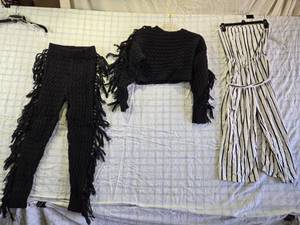 lot 203 image: Womens Black Knit Outfit with Fringe and Striped Jumpsuit - No Sizes