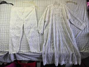 lot 208 image: Elegant White Embroidered Oversized Shirt and Pants Set with Shimmering Embellishments