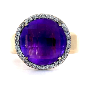 Round Checkerboard Cut Amethyst & Diamond Halo Ring in 14k Yellow Gold VIDEO