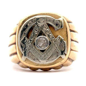 Vintage Estate Gents Diamond Masonic Ring in 14k Two-Tone Gold