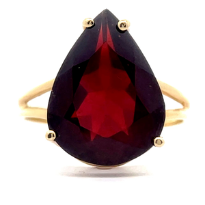 Pear Garnet Solitaire Estate Split Shank Ring in 14k Yellow Gold VIDEO