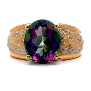 Mystic Topaz Solitaire Estate Ring in Texture & Bright Shine 14k Gold
