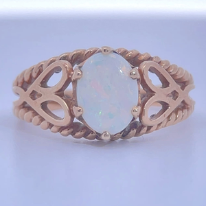 White Opal Split Shank Twisted Rope Heart Ring in Yellow Gold