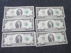 lot 450 image: 6 Nonsequential, Uncirculated $2 Bi...