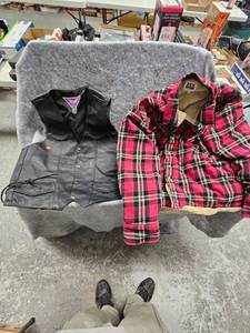 lot 108 image: M.O.B Leather Vest  and Lined Flannel Coat, both Size large