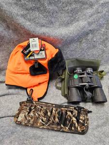 lot 162 image: Binoculars, 60x50, Orange Hat, Ammo Pouch(like new)