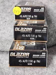 lot 244 image: 3 Boxes CCI Brass 45 ACP FMJ