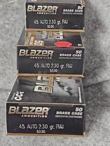 lot 257 image: 3 Boxes CCI Brass 45ACP FMJ