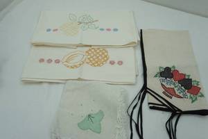 lot 353 image: embroidered dish towels and small tablecloth 28x29