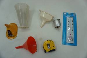 lot 367 image: thermometer & tape measure & funnels