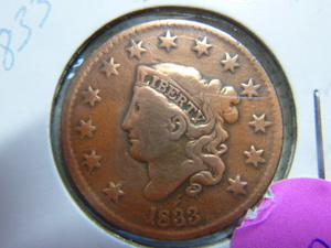 lot 62 image: 1833 Large Cent - Coronet Head