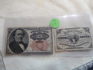 lot 115 image: 1874 25 Cents and 1863 3 Cents - Fractional Currency