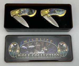 lot 3 image: Wildlife Wolf Collection Collectors Knives In Decorative Tin (NIB)