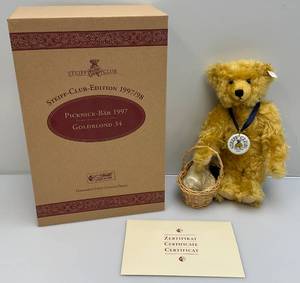 lot 21 image: Vintage  12 Steiff Club Limited Edition 1997 Picnic Bear Gold Blond  Ear Tag Number 420108 In Original Box (Smoke Free Home) Like New Condition