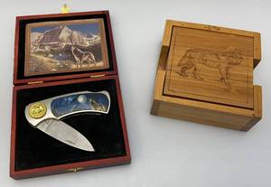 lot 27 image: Wolf Adorned Pocket Knives & Coaster Set