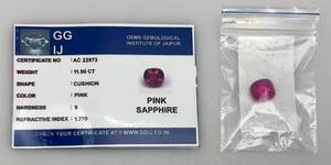 lot 52 image: GGIJ 11.90 Ct. (LAB CREATED) Cushion Cut Pink Sapphire With Card