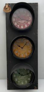 lot 77 image: Unique Barrel Shack Traffic Stop Light 3 Facing Rustic Wall Clocks (New With Tags)
