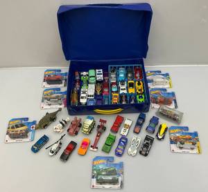 lot 123 image: HotWheels Carrying Case With Misc. HotWheels Some New On Card