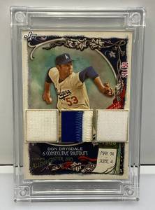 lot 193 image: Topps Jersey Fusion Don Drysdale (6 Consecutive Shutouts) Triple Patch Card IN Heavy Plastic Protective Sleeve