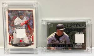 lot 196 image: Baseball Jersey Fusion Game Worn Jersey Patch Cards Including Bowman Daivid Ortiz & Fleer Ultra Craig Biggio Both In Heavy Plastic Protective Sleeves