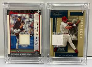lot 197 image: Basaeball Jersey Fusion Game Worn Jersey Patch Cards Including Bowman Randy Johnson & Playoff Prestige Albert Pujols Both In Heavy Plastic Protective Sleeves