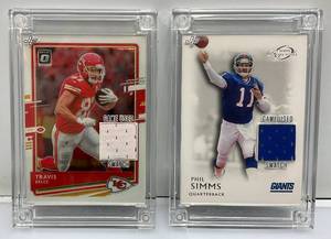 lot 207 image: Football Jersey Fusion Game Worn Jersey Patch Cards Including Donross Optic Travis Kelce & Topps Legends Phil Simms  Both In Heavy Plastic Protective Sleeves