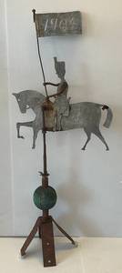 lot 227 image: Antique Rustic 1904 Metal Soldier On Horse With Flag WeathervaneLightening Rod Combo 59 Tall (Tail Needs Repair)