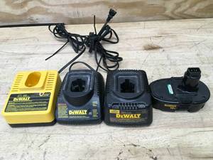 lot 25 image: Lot of 3 - DeWalt Battery Chargers and 1 - 18V Battery