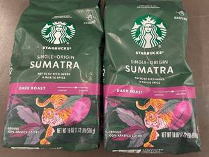 lot 33 image: 2 Packs of Starbucks Single-Origin Sumatra Dark Roast Coffee Beans 18 oz Each