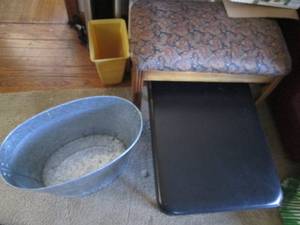 lot 122 image: Wood framed padded sewing bench, pa...