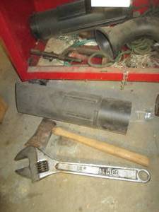 lot 439 image: Huge wrench, hatchet and other tool...