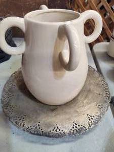 Decorative Four Handle Ceramic Vase and Silver Toned Platter