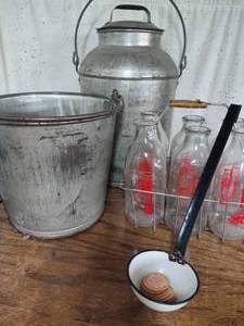 Vintage Large Milk Can, Pail and Bottles
