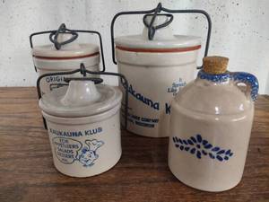 Assorted Butter Crocks and Small Spongeware Pitcher